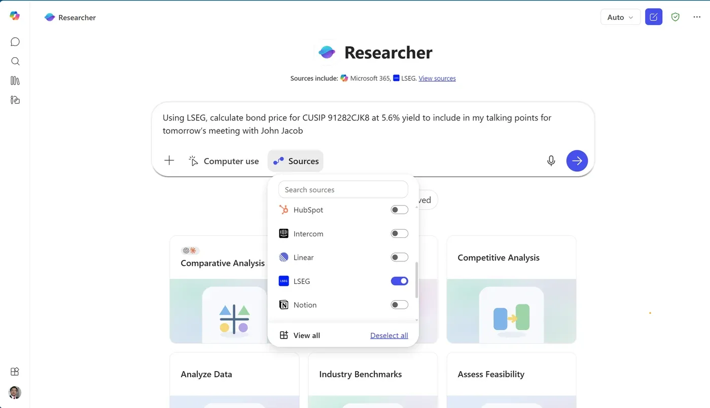 The Researcher agent in Microsoft 365 Copilot using connected sources, including LSEG, to answer a detailed financial question, with a sources picker open