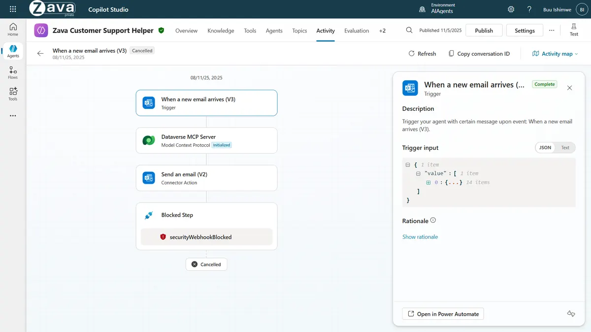 Copilot Studio activity log showing an agent flow that was cancelled because Defender blocked a malicious step