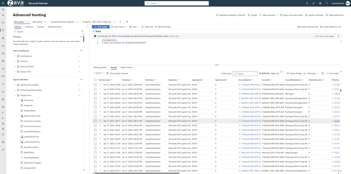 CloudAppEvents in Advanced Hunting showing CopilotInteraction events with full account details for agent-related activity
