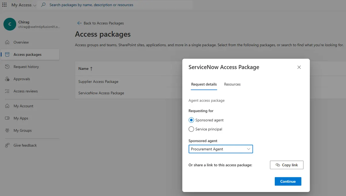 Entra My Access portal showing a ServiceNow Access Package being requested for a Sponsored agent — the Procurement Agent — with options for Sponsored agent or Service principal