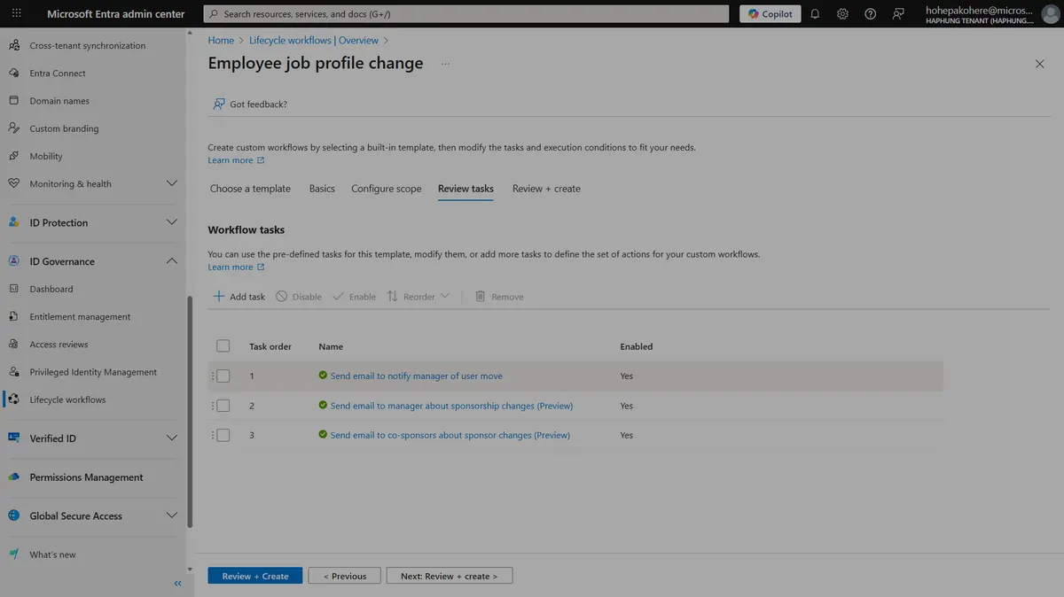 Entra ID Governance Lifecycle Workflows showing an Employee job profile change workflow with three automated tasks — notify manager, notify about sponsorship changes, and notify co-sponsors