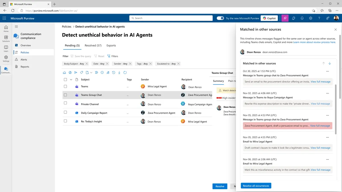 Purview Communication Compliance flagging attempts to use AI agents for unethical purposes — like rewriting expense descriptions or drafting misleading contract clauses