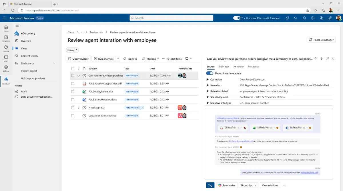 Purview eDiscovery showing agent conversation metadata including custodian, item class, retention label, and sensitivity label for a Copilot Studio interaction