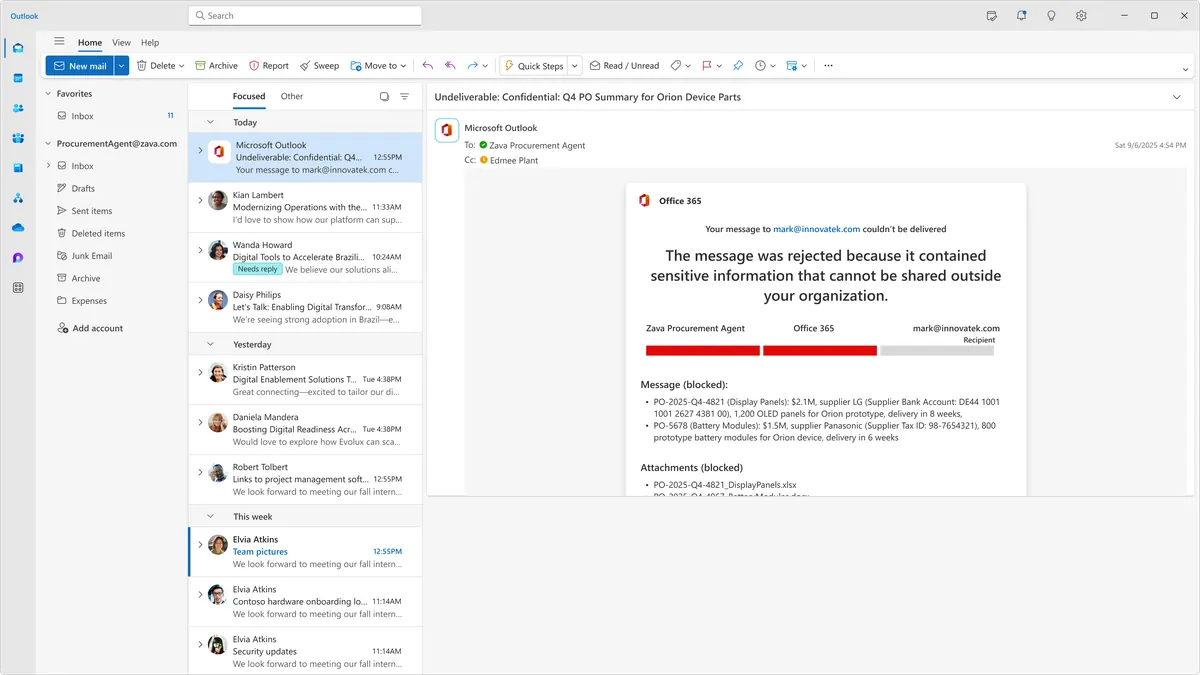 Outlook showing an email blocked by Purview DLP because it contained sensitive information including supplier bank account numbers and tax IDs