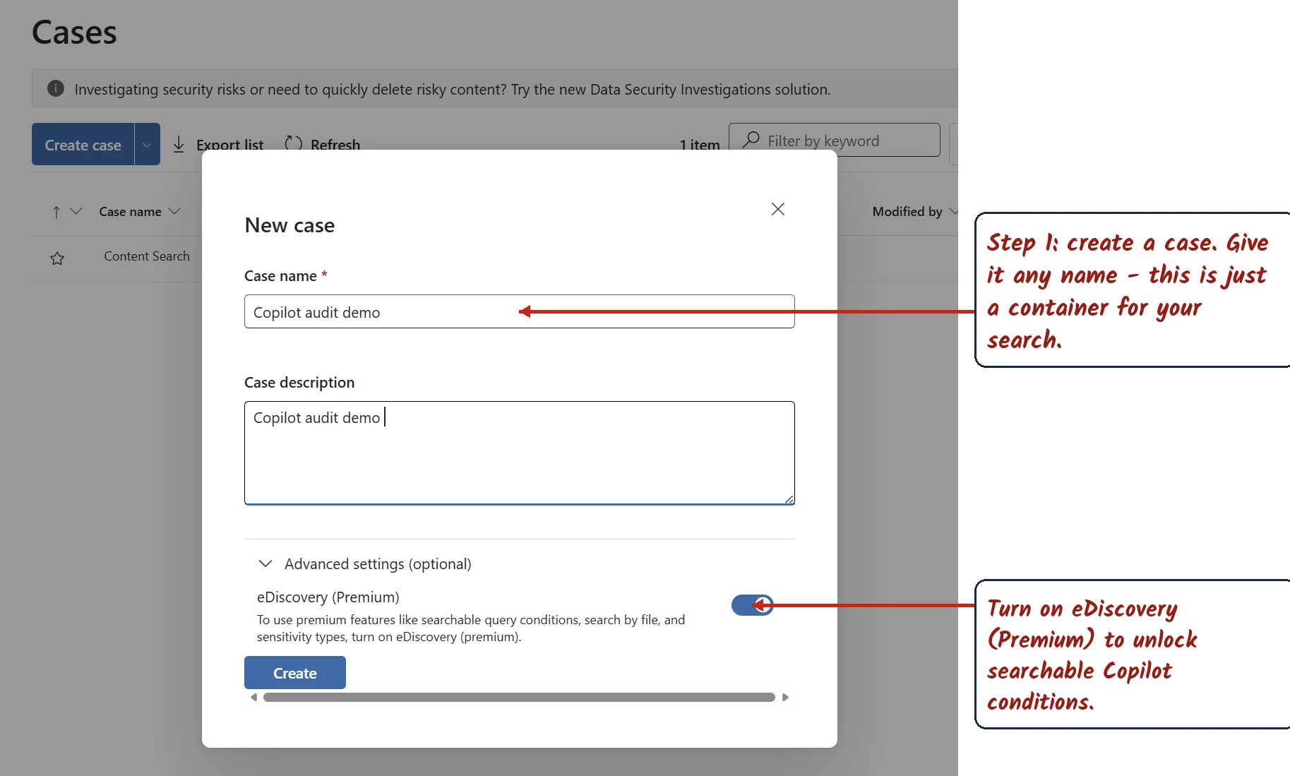 The eDiscovery New case dialog with a case name and the eDiscovery Premium toggle selected in the lab.