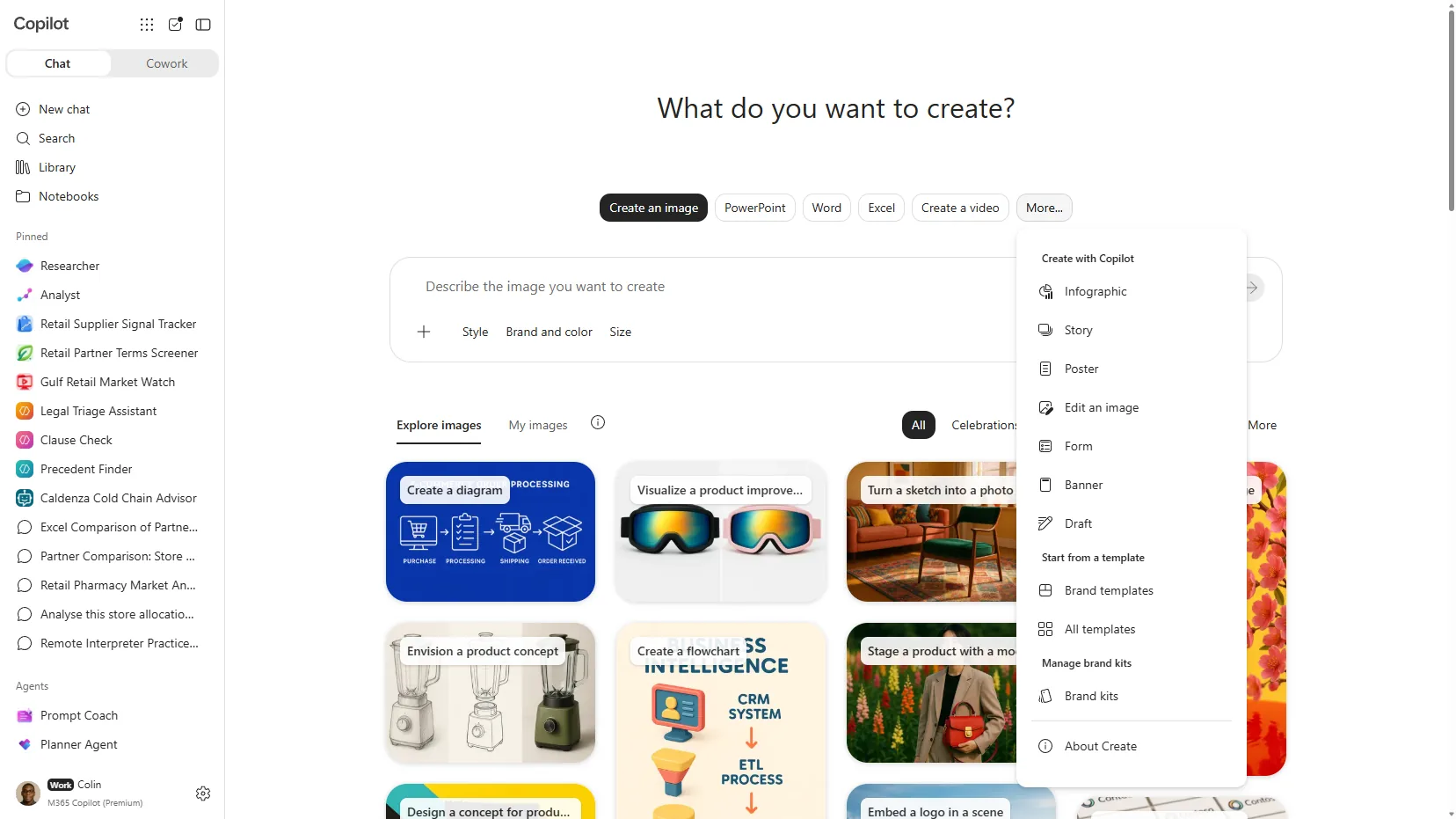 The More menu in Microsoft 365 Copilot Create, showing Brand kits listed under a 'Manage brand kits' group alongside Brand templates and All templates