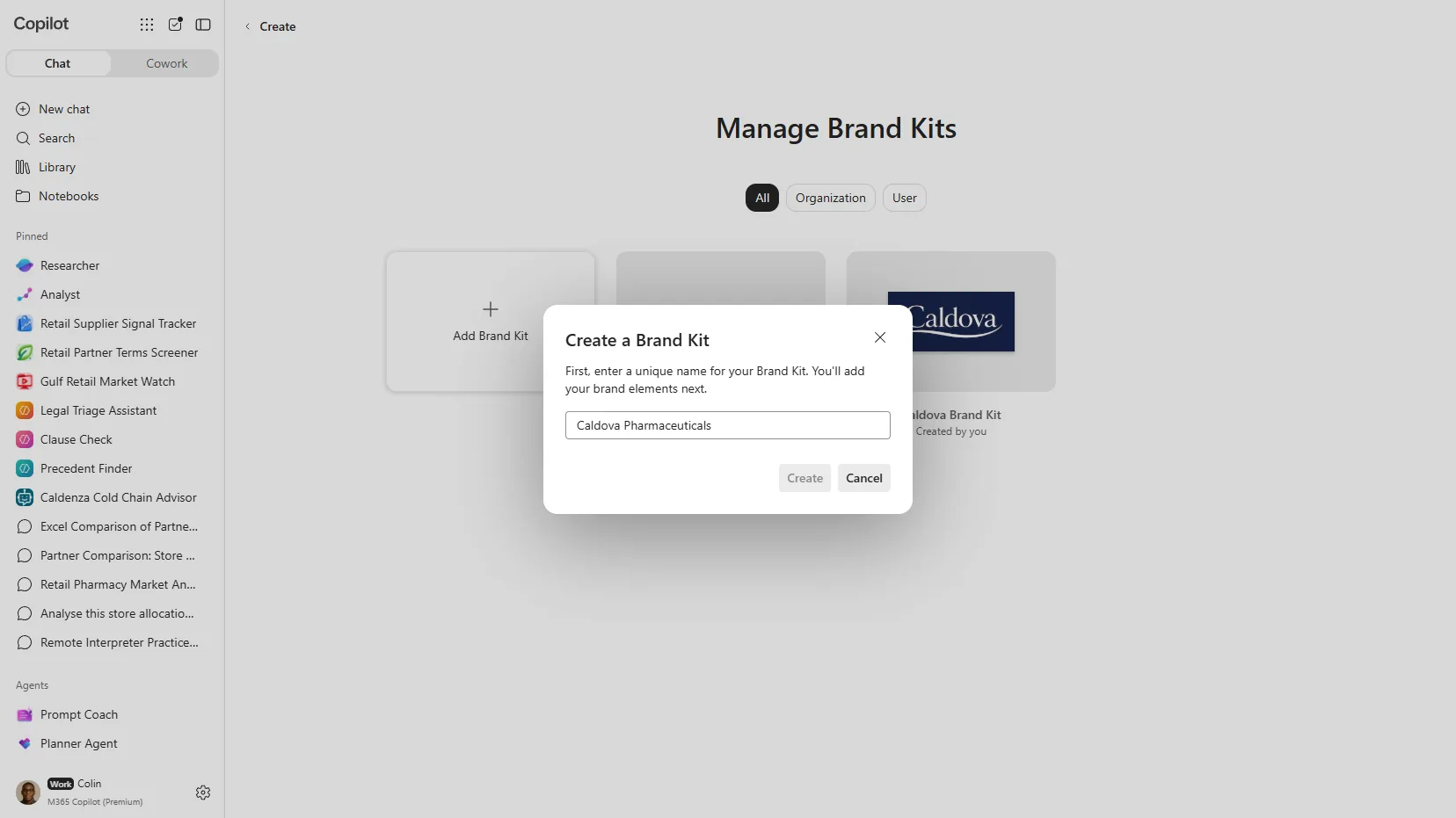 The Create a Brand Kit dialog asking for a unique kit name before adding brand elements