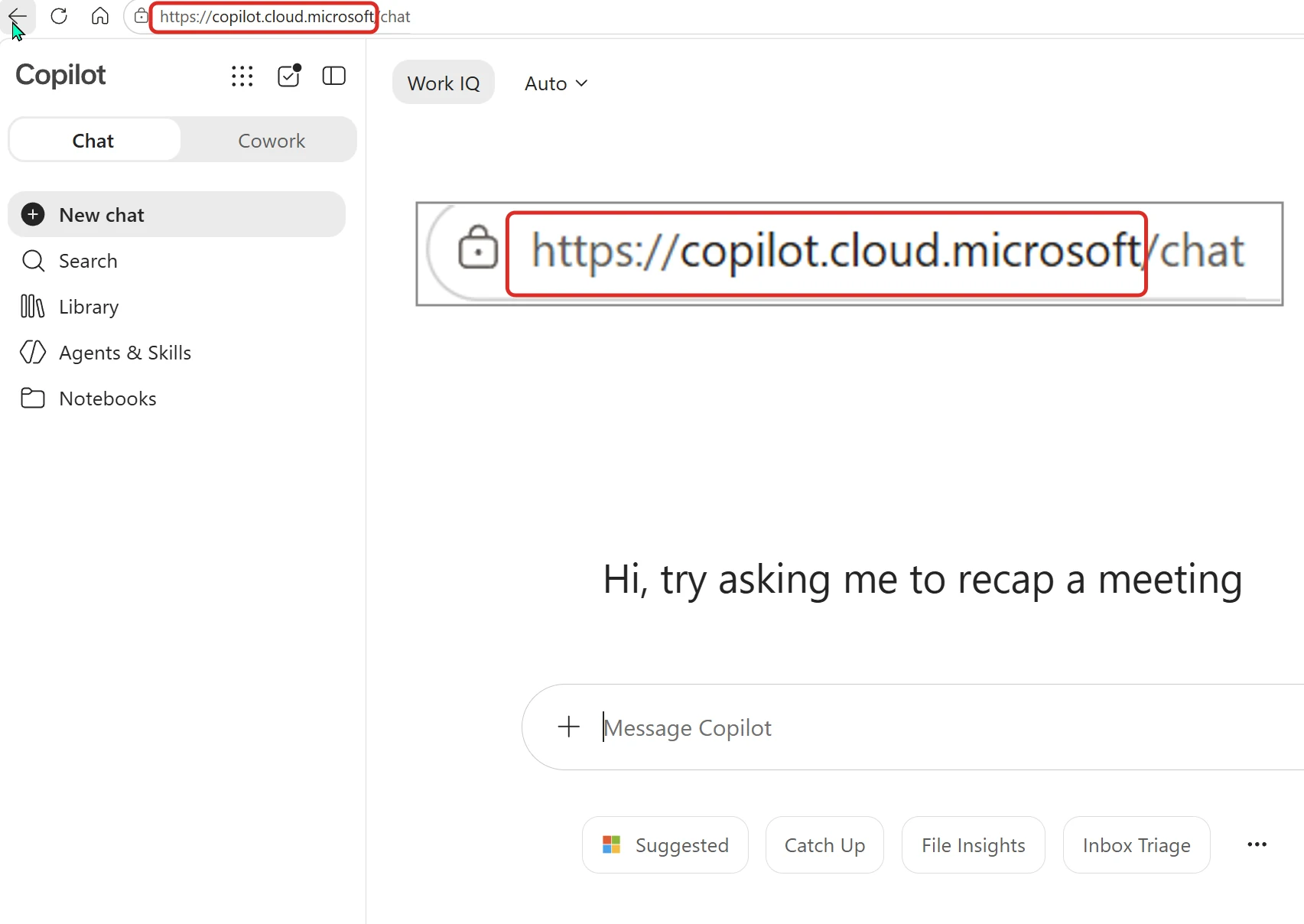 The work app signed in, running at copilot.cloud.microsoft. The consumer app keeps copilot.microsoft.com. Different addresses, different domains. Chat history and pinned agents blanked out. The work Copilot app signed in, with the address bar showing https://copilot.cloud.microsoft/chat, Chat and Cowork tabs, and a left sidebar with New chat, Search, Library, Agents and Skills, Notebooks. The address is enlarged underneath so it is readable