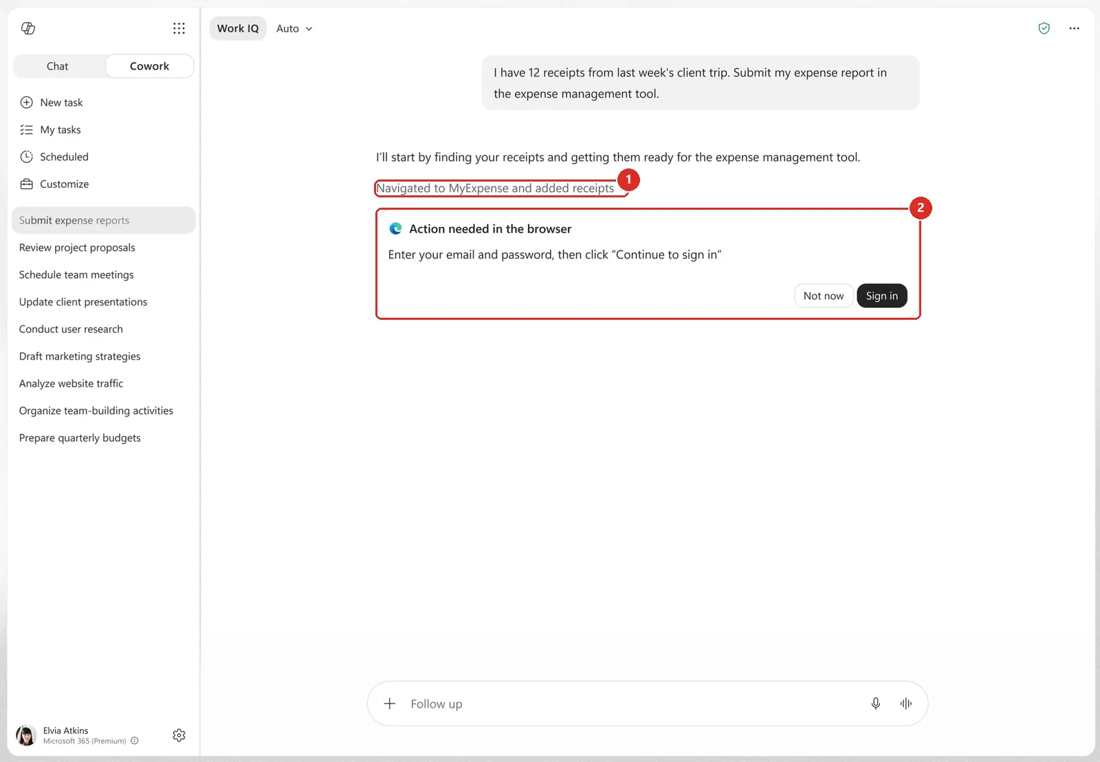 A Copilot Cowork task submitting an expense report. A red box marks the line reading Navigated to MyExpense and added receipts. A second red box marks a card headed Action needed in the browser, asking the user to enter their email and password and click Continue to sign in, with Not now and Sign in buttons.