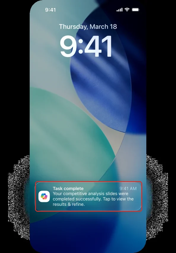 A phone lock screen at 9:41 on Thursday, March 18. A red box marks a Copilot notification reading Task complete, your competitive analysis slides were completed successfully, tap to view the results and refine.