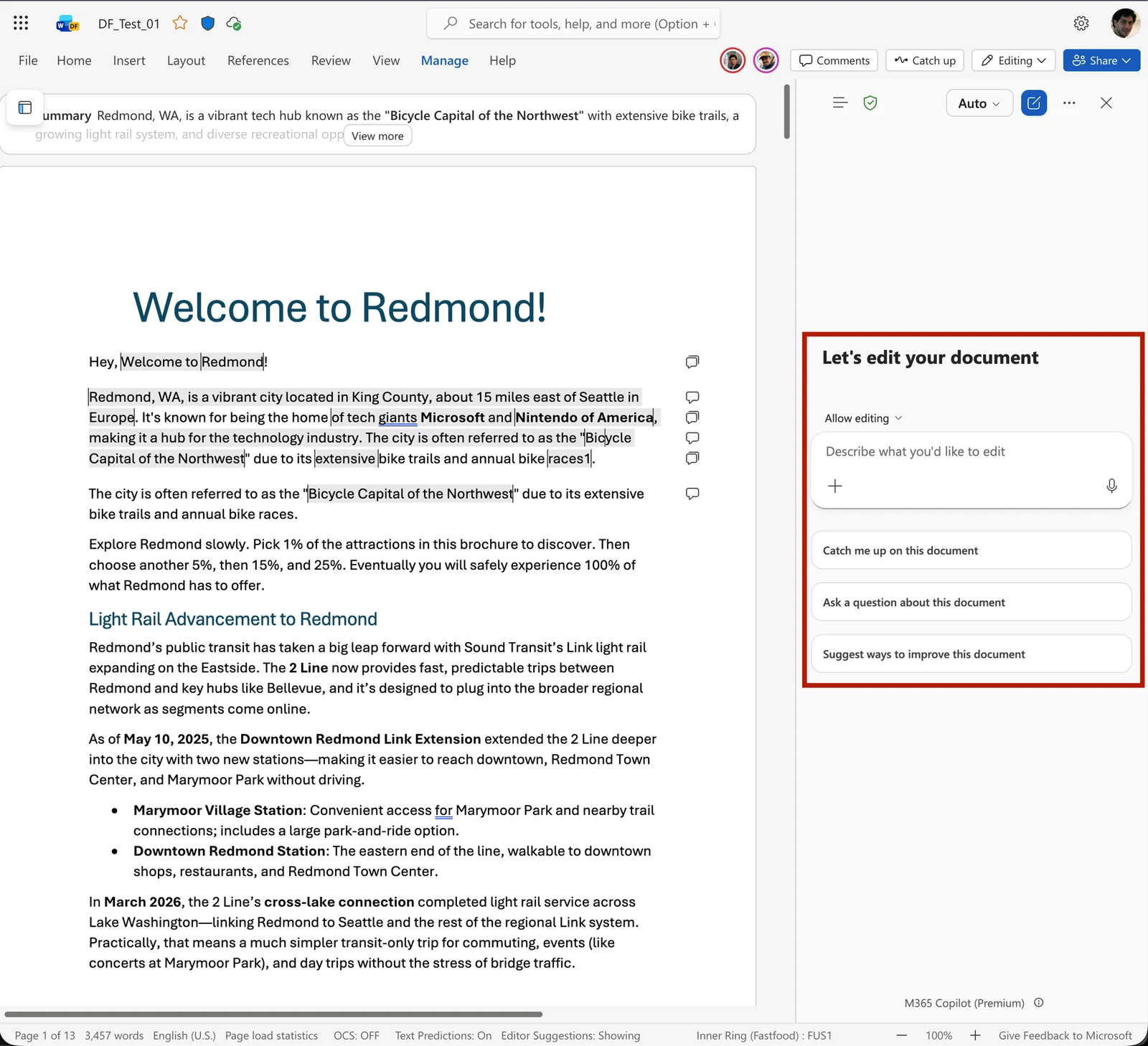 A Word document with a Catch up control in the ribbon, a summary card pinned above the document, and the Copilot pane offering Catch me up on this document, Ask a question about this document and Suggest ways to improve this document.