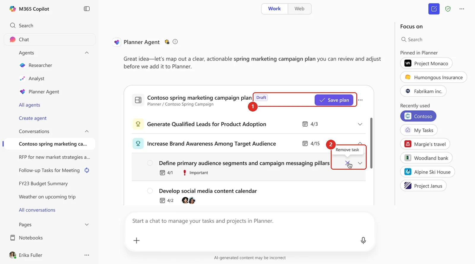 The Planner Agent in Microsoft 365 Copilot drafting a Contoso spring marketing campaign plan. A red box marks the Draft label and the Save plan button. A second red box marks a Remove task tooltip over a task in the drafted plan.