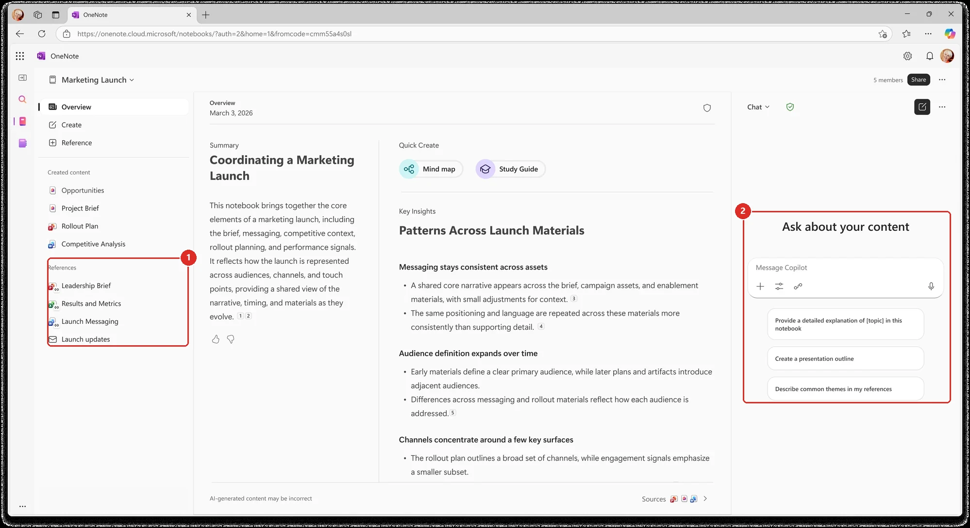 A Copilot Notebook called Marketing Launch open in OneNote on the web, with a References list in the left rail and an Ask about your content Copilot pane on the right.