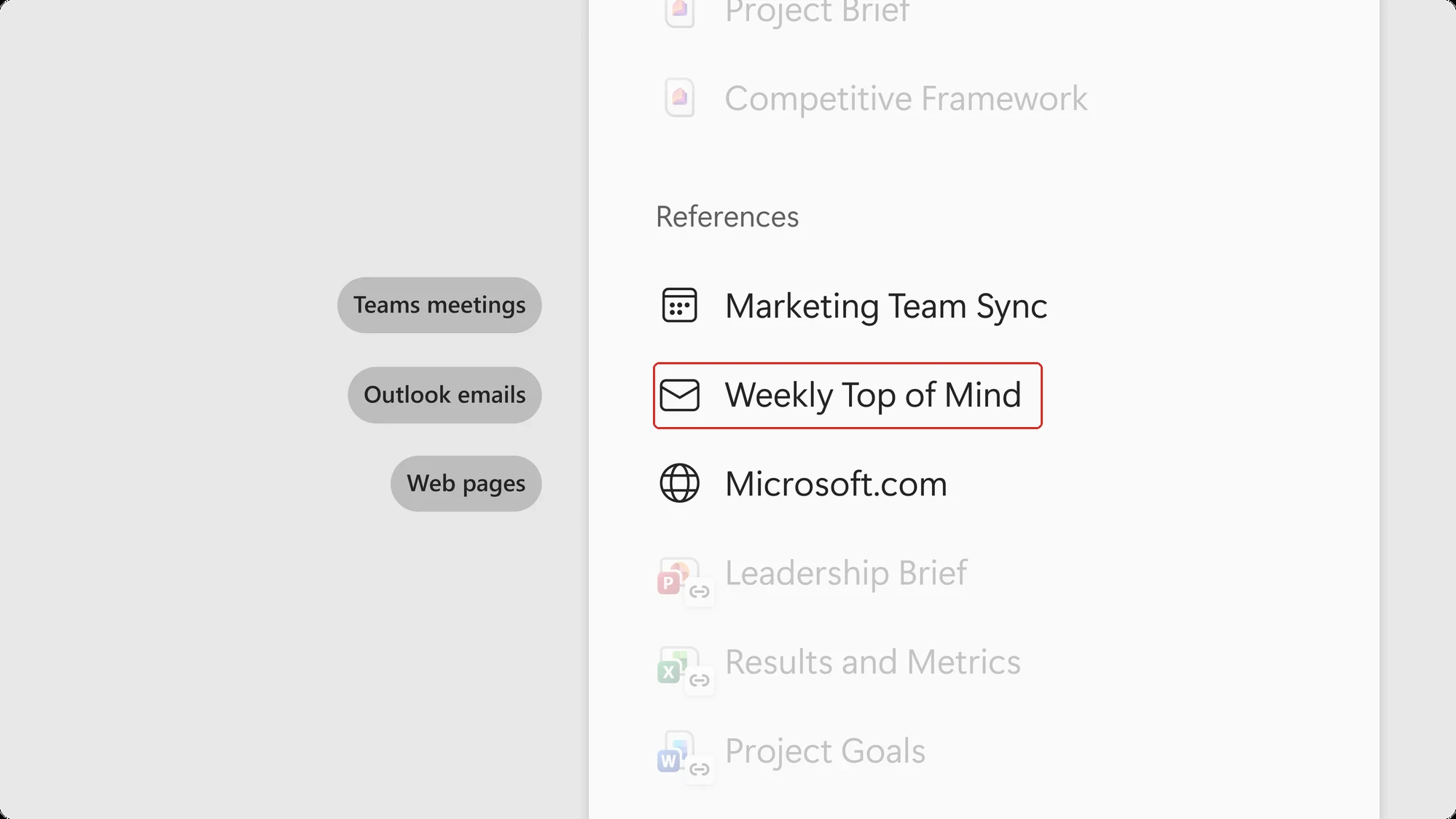 Microsoft illustration showing labels for Teams meetings, Outlook emails and Web pages beside a Copilot Notebook References list containing Marketing Team Sync, Weekly Top of Mind and Microsoft.com.