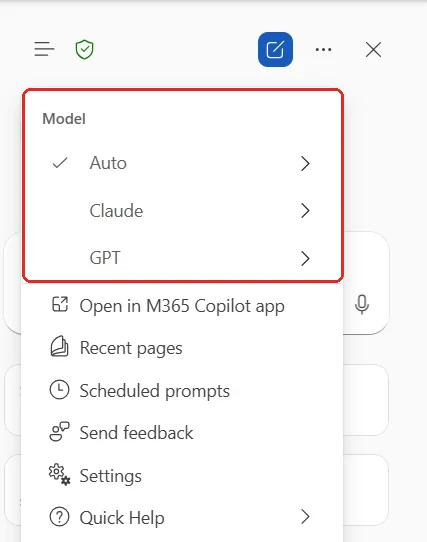 A Copilot pane menu with a Model group listing Auto with a tick, Claude and GPT, each with a submenu arrow.
