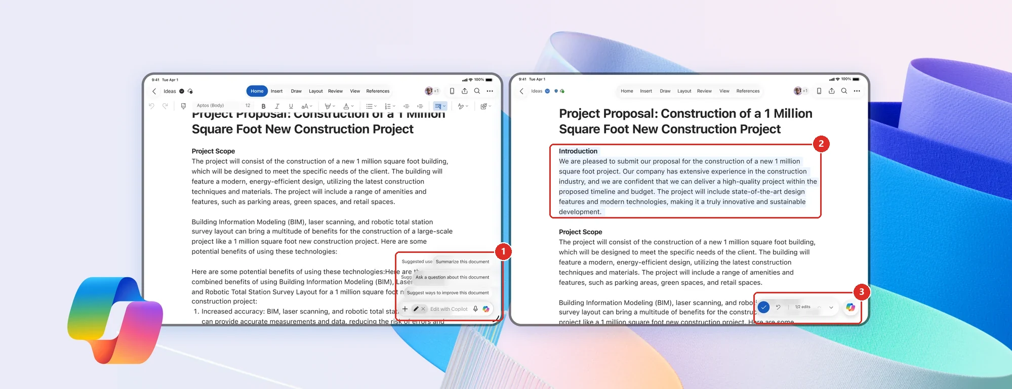 Two iPads side by side showing the same Word project proposal, one with the Edit with Copilot bar and suggested prompts open, the other with a new Introduction section added and a review bar reading 1 of 2 edits.