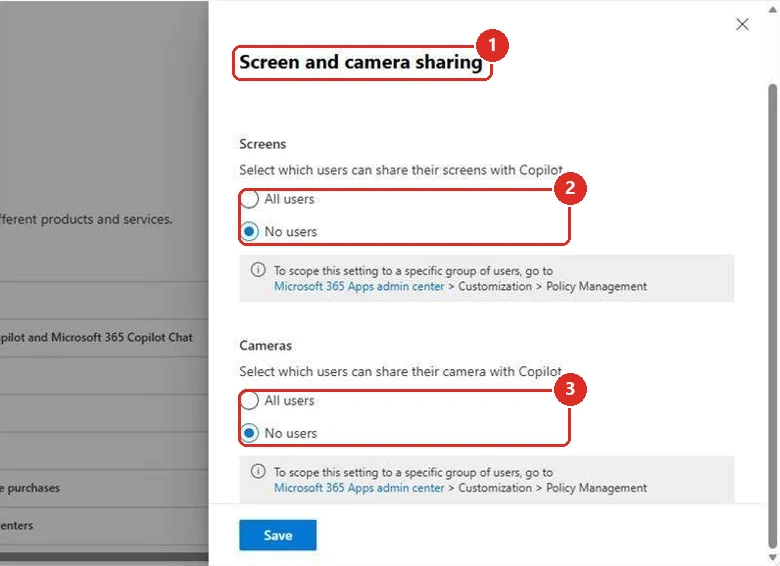 An admin panel titled Screen and camera sharing with two separate sections, Screens and Cameras, each offering All users or No users, with No users selected in both.
