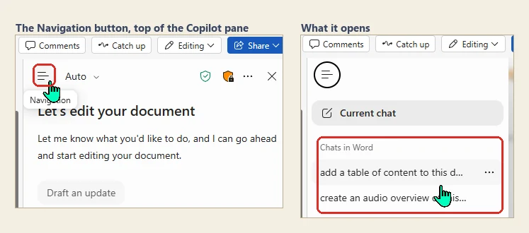 Two panels from Word for the web. Left: the Copilot pane header, with a hamburger Navigation button boxed in red and its tooltip reading Navigation. Right: the flyout that button opens, showing Current chat above a list headed Chats in Word containing two earlier conversations, boxed in red.