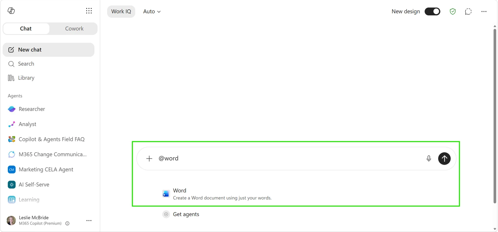 Official Microsoft image of a Copilot Chat prompt where the Word agent has been added by @mentioning it.