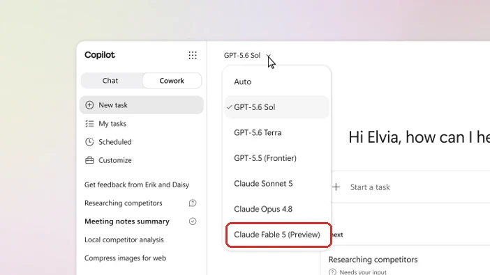 Official Microsoft image of the Copilot Cowork model picker, open and listing Auto, GPT-5.6 Sol which is ticked, GPT-5.6 Terra, GPT-5.5 Frontier, Claude Sonnet 5, Claude Opus 4.8 and, marked with a red box at the bottom of the list, Claude Fable 5 Preview.