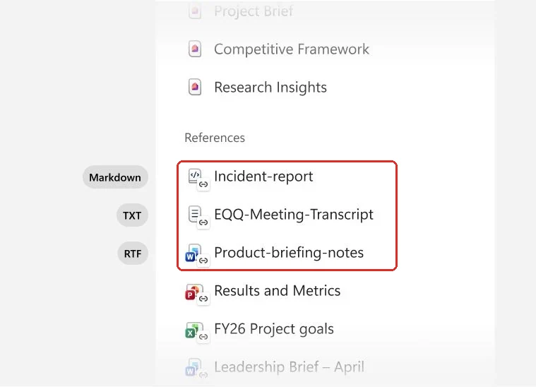 Official Microsoft image of a Copilot Notebook References list. Pills down the left label three of the entries Markdown, TXT and RTF, and a red box groups those three rows together: Incident-report, EQQ-Meeting-Transcript and Product-briefing-notes. Below the box sit ordinary PowerPoint and Excel references.