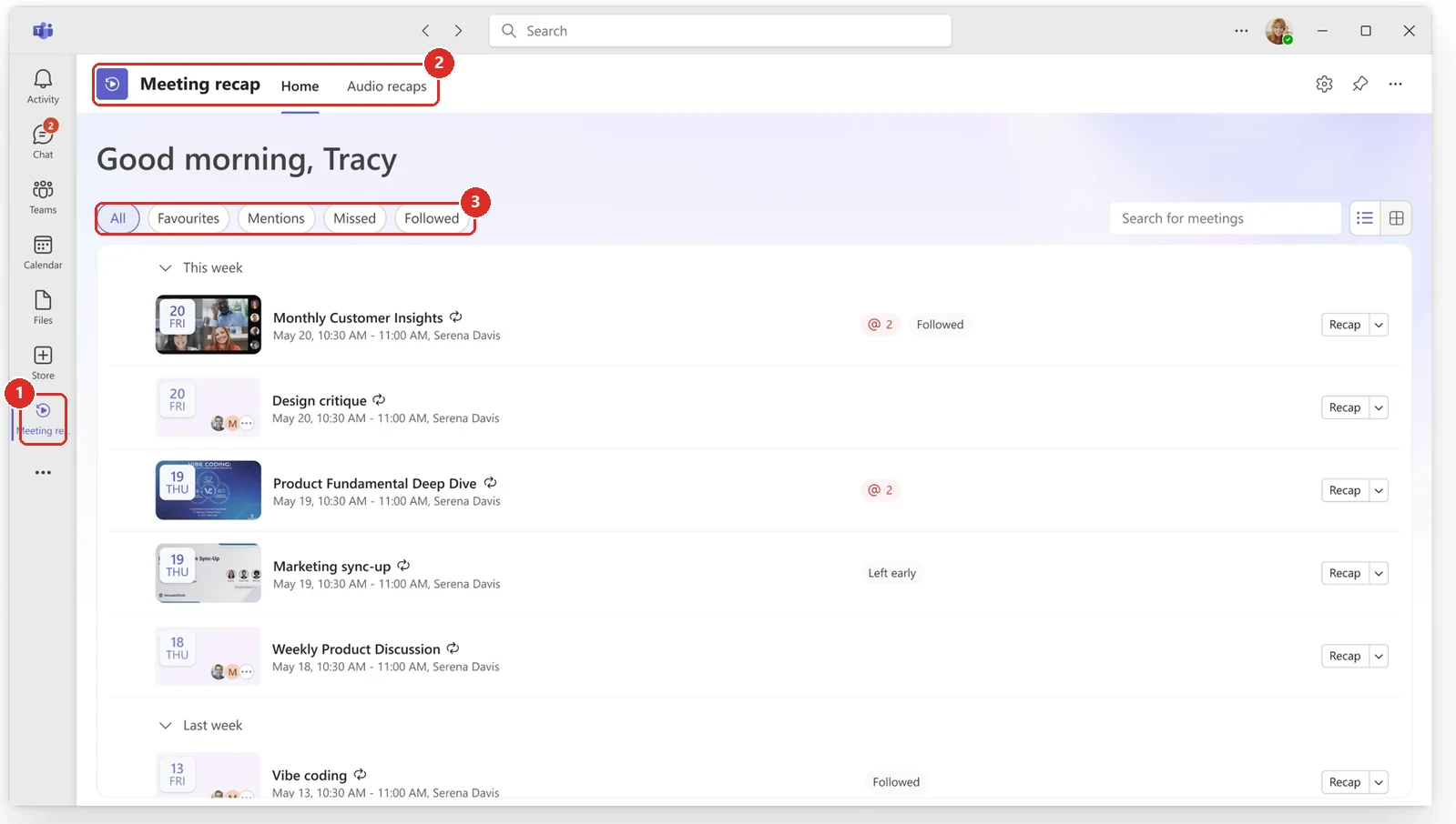 Official Microsoft image of Teams with a Meeting recap app open. A red box on the far left marks a Meeting recap entry pinned in the Teams app rail. A second red box marks the app header, showing the name Meeting recap with its own Home and Audio recaps tabs. A third red box marks a row of filter chips reading All, Favourites, Mentions, Missed and Followed. Below sits a list of meetings grouped by This week and Last week, each with a Recap button.