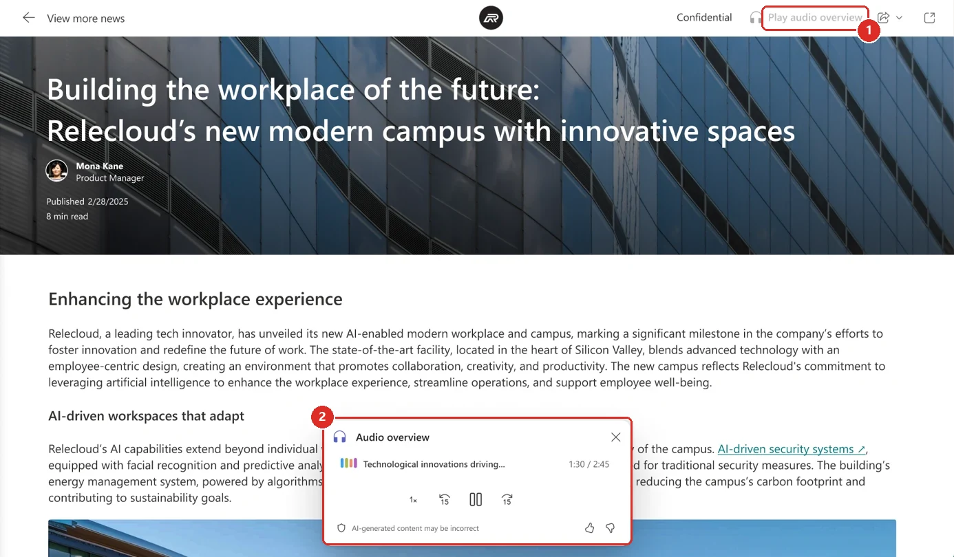 A SharePoint news page with a red box around the Play audio overview button in the top bar, and a second red box around the audio overview player that opens over the article with playback speed, skip controls and an AI-generated content may be incorrect notice.