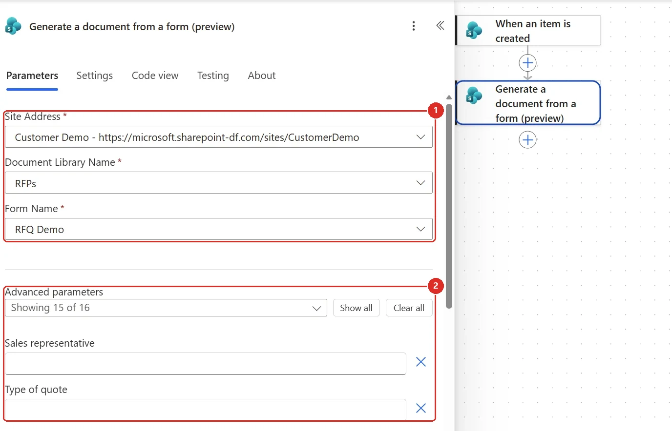 The Generate a document from a form (preview) action in Power Automate. A red box marks the three required parameters: Site Address, Document Library Name set to RFPs and Form Name set to RFQ Demo. A second red box marks the advanced parameters, showing 15 of 16 fields with Sales representative and Type of quote mapped from the form. The flow beside it runs When an item is created into the generate action.