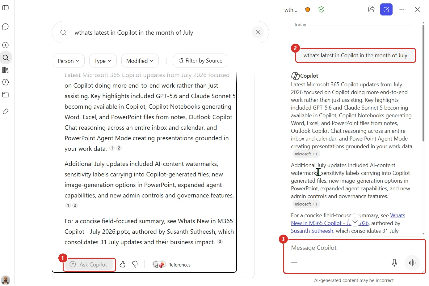 The expanded Copilot Search answer on the left, now three paragraphs long. Box 1 marks an Ask Copilot button beneath the finished answer, next to thumbs up and thumbs down icons and a References row. On the right, Copilot Chat is open in the side rail: box 2 marks the original question repeated as a user message at the top, and box 3 marks the Message Copilot composer at the bottom of the rail.