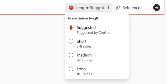 Copilot in PowerPoint with the new 'Presentation length' dropdown open, showing four radio options: Suggested (selected), Short (3-8 slides), Medium (9-17 slides), and Long (18+ slides)