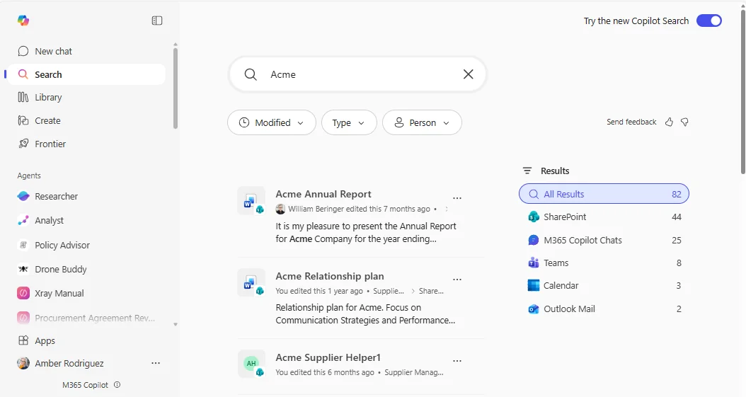 Copilot Search results for an 'Acme' query showing the new right-side source-count panel: All Results 82, SharePoint 44, M365 Copilot Chats 25, Teams 8, Calendar 3, Outlook Mail 2
