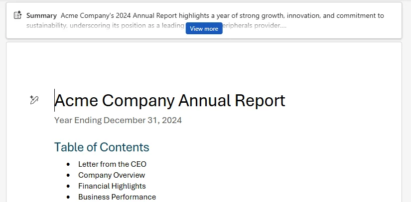 Word document showing the new floating Summary banner at the top: 'Acme Company's 2024 Annual Report highlights a year of strong growth, innovation, and commitment to sustainability...' with a blue 'View more' button