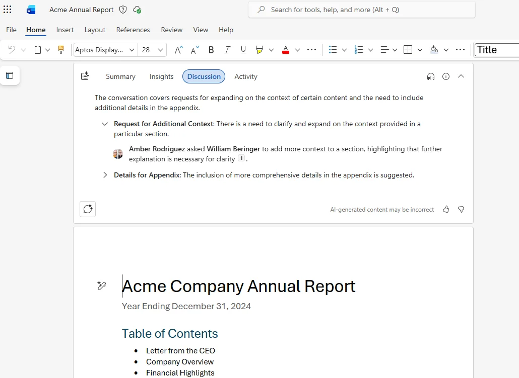 Word with the new Discussion tab highlighted, summarising a multi-person comment thread on Acme Annual Report including 'Request for Additional Context' and 'Details for Appendix' threads