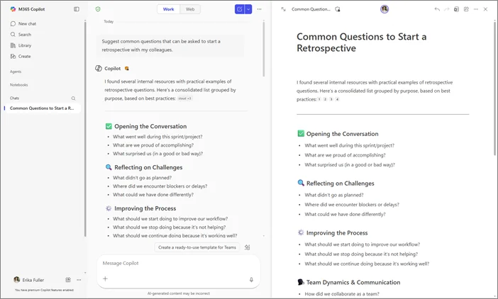 Side-by-side view: M365 Copilot Chat on the left answering 'Suggest common questions to start a retrospective', with the answer projected as a structured 'Common Questions to Start a Retrospective' Page on the right — auto-generated from the chat response