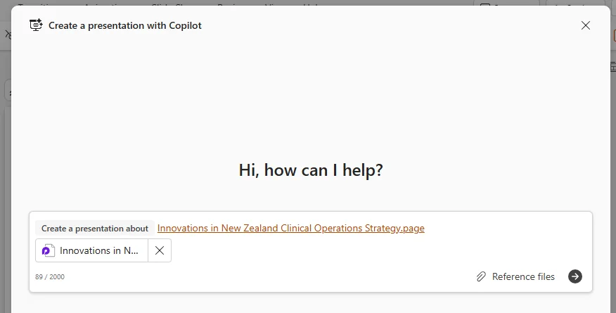 'Create a presentation with Copilot' modal in PowerPoint with a .page file ('Innovations in New Zealand Clinical Operations Strategy.page') attached as the source — turning a Copilot Page directly into slides