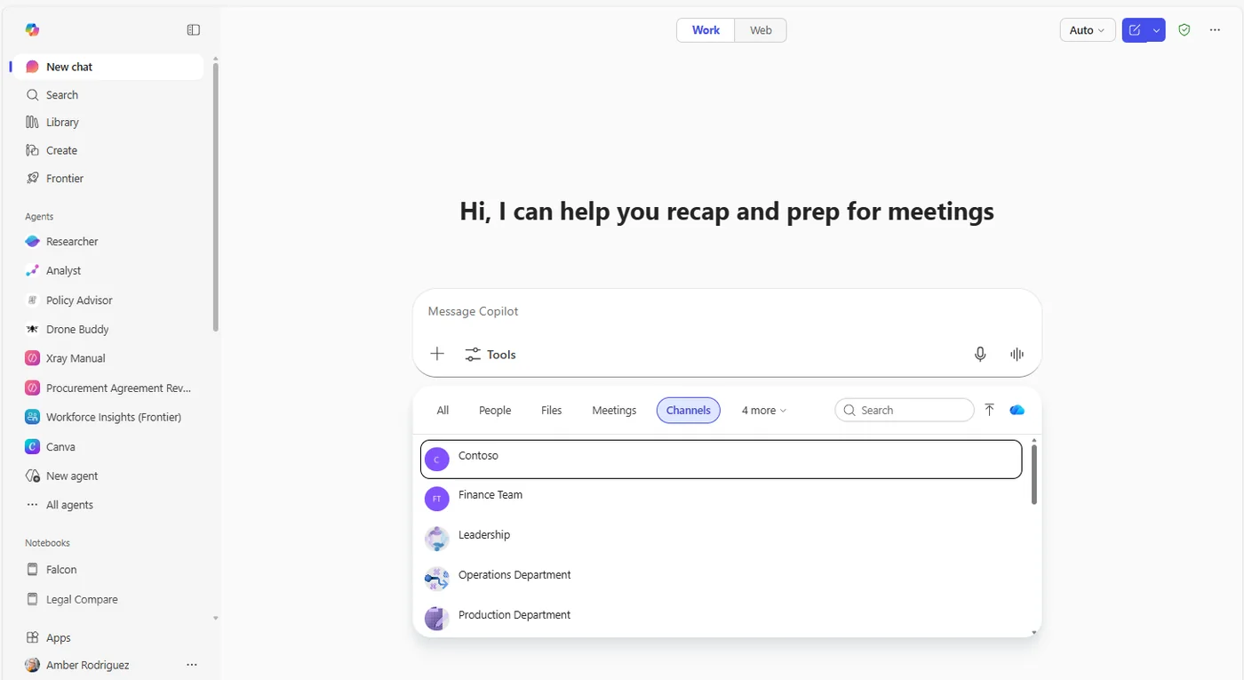 M365 Copilot Context IQ picker with the new Channels tab selected, listing the user's real channels: Contoso, Finance Team, Leadership, Operations Department, Production Department