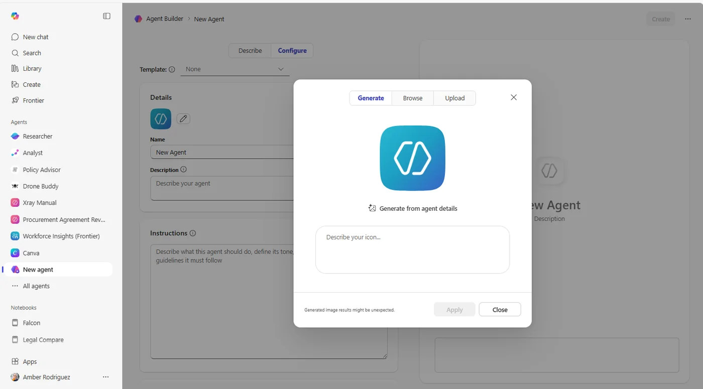 Agent Builder 'Generate' icon modal showing a large teal/blue cube AI-generated icon preview with 'Generate from agent details' and a 'Describe your icon...' text input, alongside Browse and Upload alternative tabs