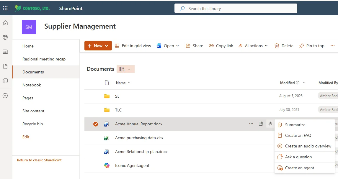 SharePoint Documents library on a Supplier Management site, with 'Acme Annual Report.docx' selected and the new AI actions context menu showing: Summarize, Create an FAQ, Create an audio overview, Ask a question, Create an agent