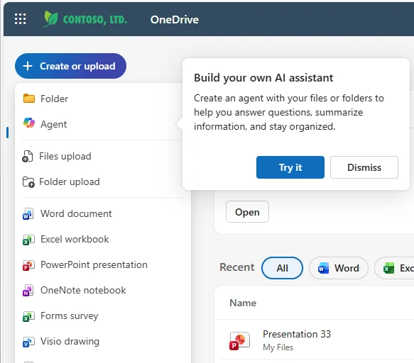 OneDrive '+ Create or upload' menu opened with a 'Build your own AI assistant' coaching popup pointing at the new Agent option — 'Create an agent with your files or folders to help you answer questions, summarize information, and stay organized'