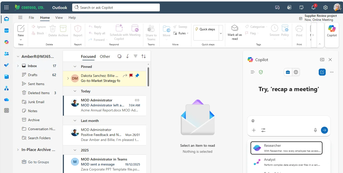 Classic Outlook (Windows) with the full ribbon and inbox visible plus a Copilot pane on the right showing the 'Try, recap a meeting' hero and agent suggestions including Researcher highlighted ('With Researcher, now every employee has access...') and Analyst