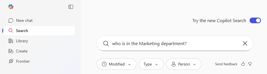 Copilot Search with a 'who is in the Marketing department?' query and the Modified, Type, and Person filter pills below — the entry point for department-based People matching