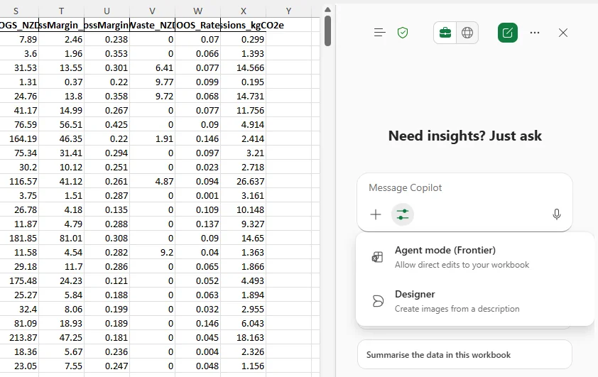 Excel desktop spreadsheet of environmental data with the Copilot pane open showing 'Need insights? Just ask' and a dropdown listing the new 'Agent mode (Frontier) — Allow direct edits to your workbook' option alongside Designer