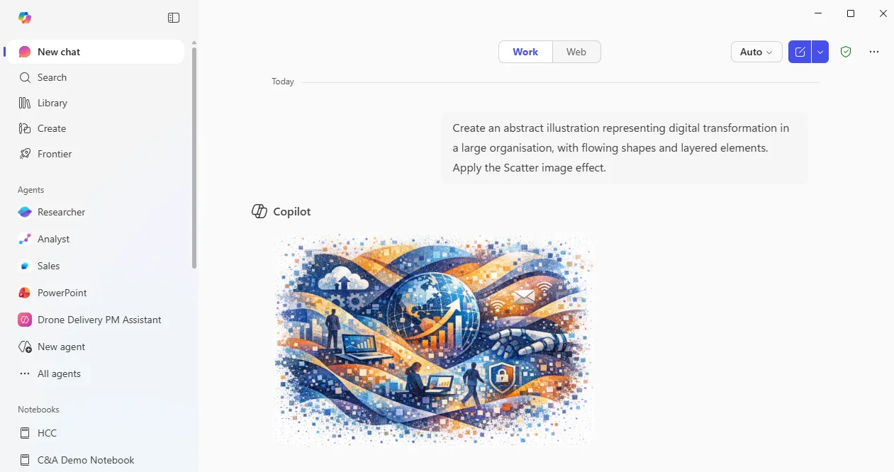 Copilot Chat output for the prompt 'Create an abstract illustration representing digital transformation in a large organisation, with flowing shapes and layered elements. Apply the Scatter image effect.' — a collage-style tiled image with city, gears, robots and security imagery
