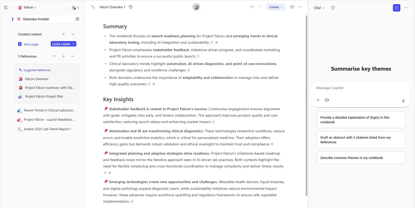 Updated Copilot Notebooks interface for a 'Falcon' notebook showing the new three-pane layout: left References sidebar (3 references), center 'Falcon Overview 1' page with Summary and Key Insights, and a right-side Chat pane with 'Summarise key themes' prompts