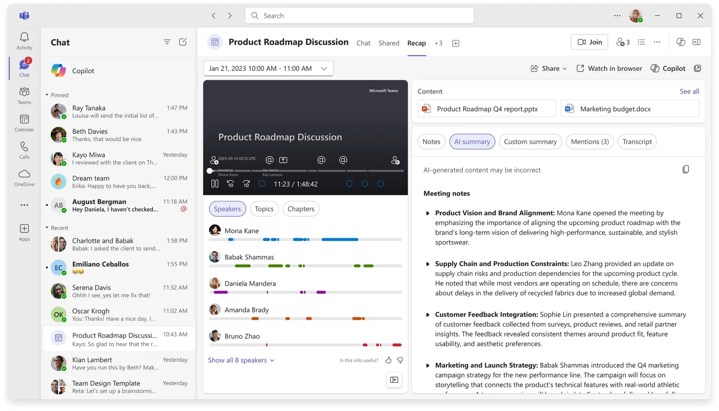 Teams meeting Recap view for 'Product Roadmap Discussion' showing the video player, speakers timeline (Mona Kane, Babak Shammas, Daniela Mandera, Amanda Brady, Bruno Zhao), shared content (PowerPoint and Word files) and the AI summary tab with structured meeting notes