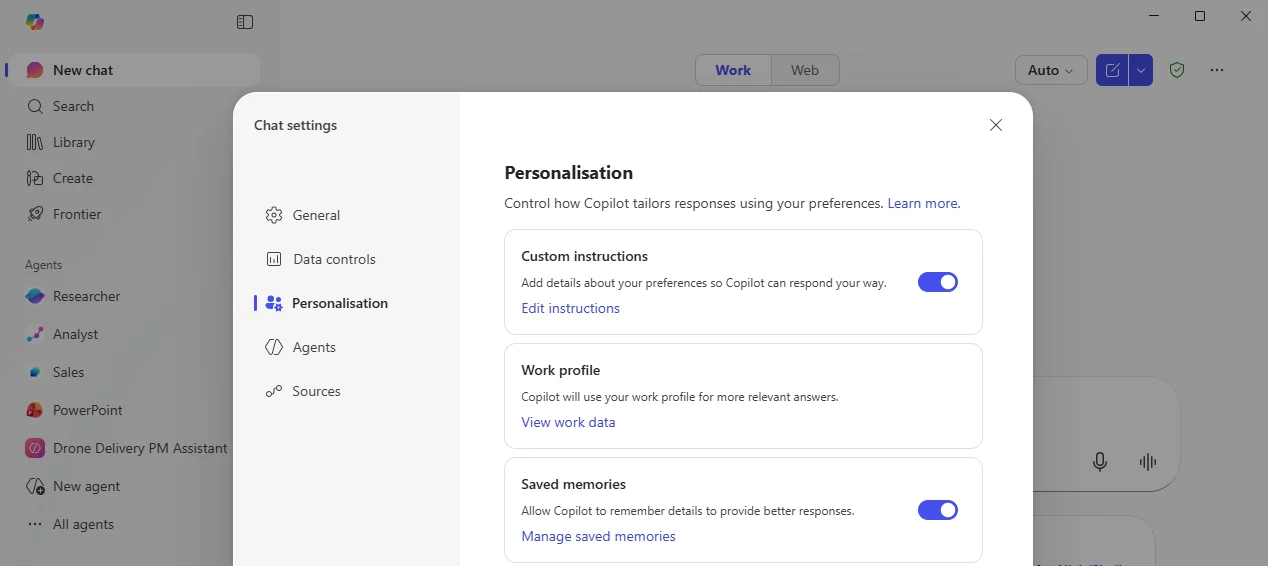 Copilot Chat settings on the Personalisation tab showing the three controls: Custom instructions (toggle on), Work profile (View work data link), and Saved memories (toggle on, with a Manage saved memories link)