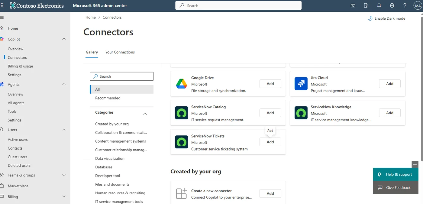 Microsoft 365 admin center Connectors gallery showing the Copilot Connectors page with tiles for Google Drive, Jira Cloud, ServiceNow Catalog, ServiceNow Knowledge and ServiceNow Tickets — the deploy surface for the eight new February connectors