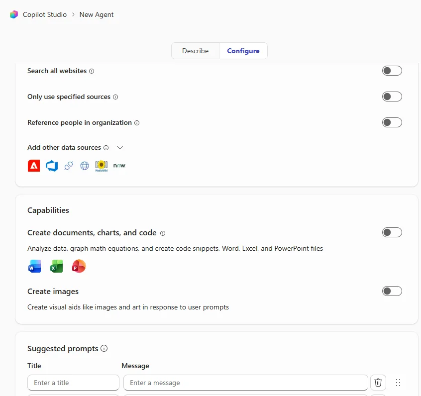 Copilot Studio agent Configure tab — Capabilities section with the "Create documents, charts, and code" toggle visible alongside the Word, Excel, and PowerPoint app icons. This is the setting an agent builder turns on so the agent can produce files instead of just text.