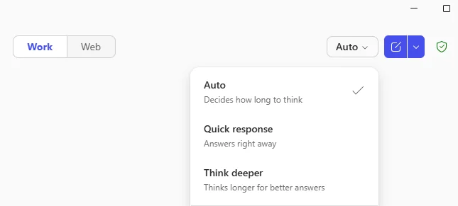 The Microsoft 365 Copilot Model Selector dropdown open at the top of the chat — three modes listed: Auto (Decides how long to think) with a checkmark as the default, Quick response (Answers right away), and Think deeper (Thinks longer for better answers).