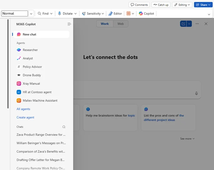 The refreshed Microsoft 365 Copilot navigation pane open inside Word — New chat at the top, an Agents list (Researcher, Analyst, Policy Advisor, Drone Buddy, plus tenant-specific agents like HR at Contoso), All agents, Create agent, and a more visible Chats history below.